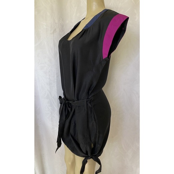 Kerrigan Silk Mini Dress Belted Color Block Cap Sleeve Black Magenta Poc… - Picture 2 of 6